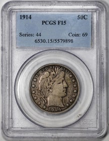 494) 1914 Barber Half Dollar Coin PCGS F15