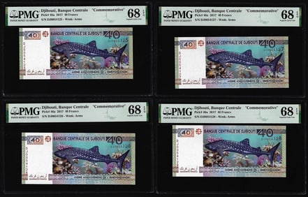 495) (4) Consecutive 2017 Djibouti 40 Francs Bank Notes PMG Superb Gem Uncirculated 68EPQ
