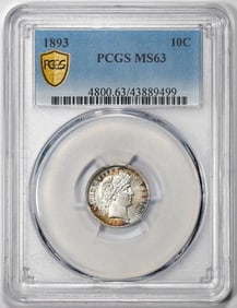 497) 1893 Barber Dime Coin PCGS MS63 Amazing Toning