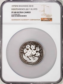 504) 1975FM Bahamas $10 Proof Independence Silver Coin NGC PF68 Ultra Cameo