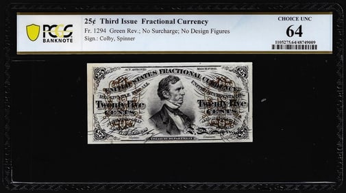 511) 1863 Third Issue 25 Cents Fractional Currency Note Fr.1294 PCGS Choice Unc 64