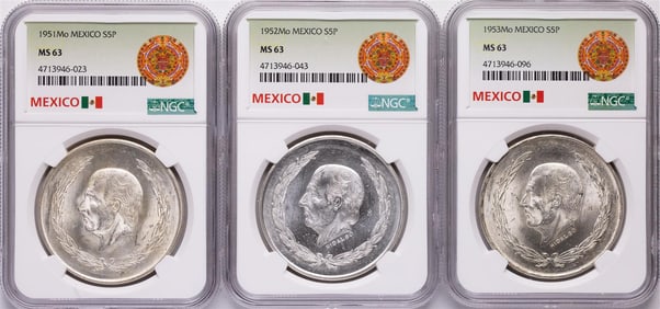 512) Lot of 1951Mo-1953Mo Mexico 5 Pesos Silver Coins NGC MS63