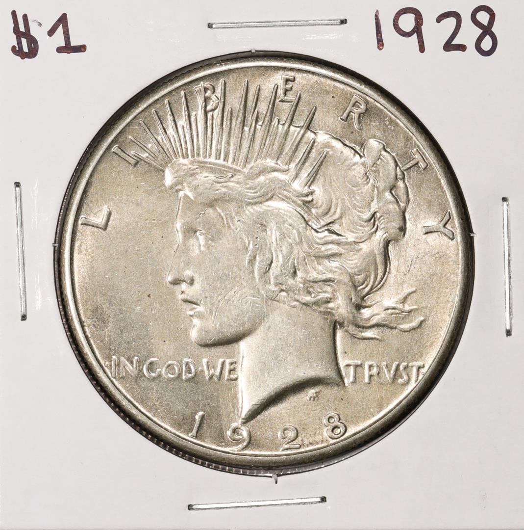 516) 1928 $1 Peace Silver Dollar Coin: One 1928 $1 Peace Silver Dollar Coin.