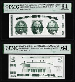 517) Set of Giori Test Note Washington & Lincoln Memorial PMG Choice Uncirculated 64
