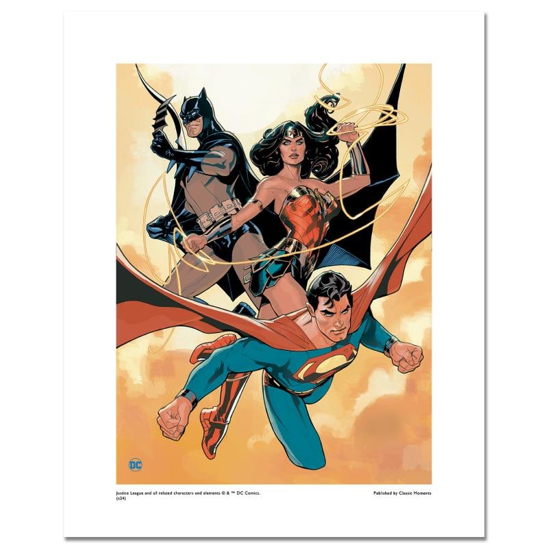 520) DC Comics "Justice Trio" Limited Edition Giclee on Paper: "Justice Trio" is a limited edition giclee on paper from DC Comics featuring iconic characters Superman, Batman and Wonder Woman. Numbered and with a hologram seal, it includes a certificate of authen