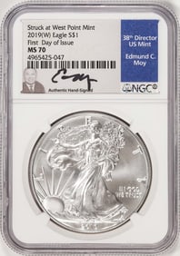 521) 2019(W) $1 American Silver Eagle Coin NGC MS70 FDOI Moy Signature West Point Mint