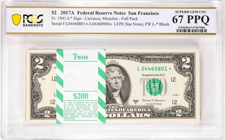 523) Pack 2017A $2 Federal Reserve STAR Notes SF Fr.1941-L* PCGS Superb Gem Unc 67PPQ