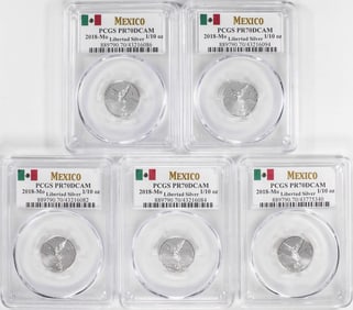 525) Lot of (5) 2018-Mo Mexico Proof 1/10 oz Silver Libertad Coins PCGS PR70DCAM