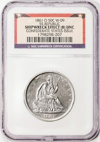 530) 1861-O CSA Issue SS Republic Seated Liberty Half Dollar Coin NGC Shipwreck Effect UNC