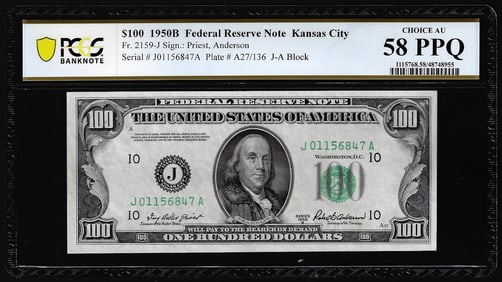 532) 1950B $100 Federal Reserve Note Kansas City Fr.2159-J PCGS Choice AU 58PPQ
