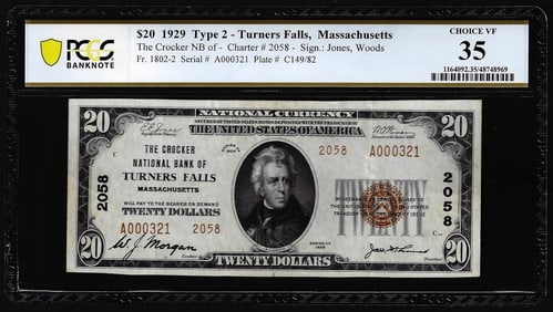 542) 1929 Ty 2 $20 NB Turners Falls, MA CH# 2058 National Currency Note PCGS Choice VF 35