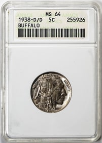 544) 1938-D/D Buffalo Nickel Coin ANACS MS64 Old Soapbox Holder