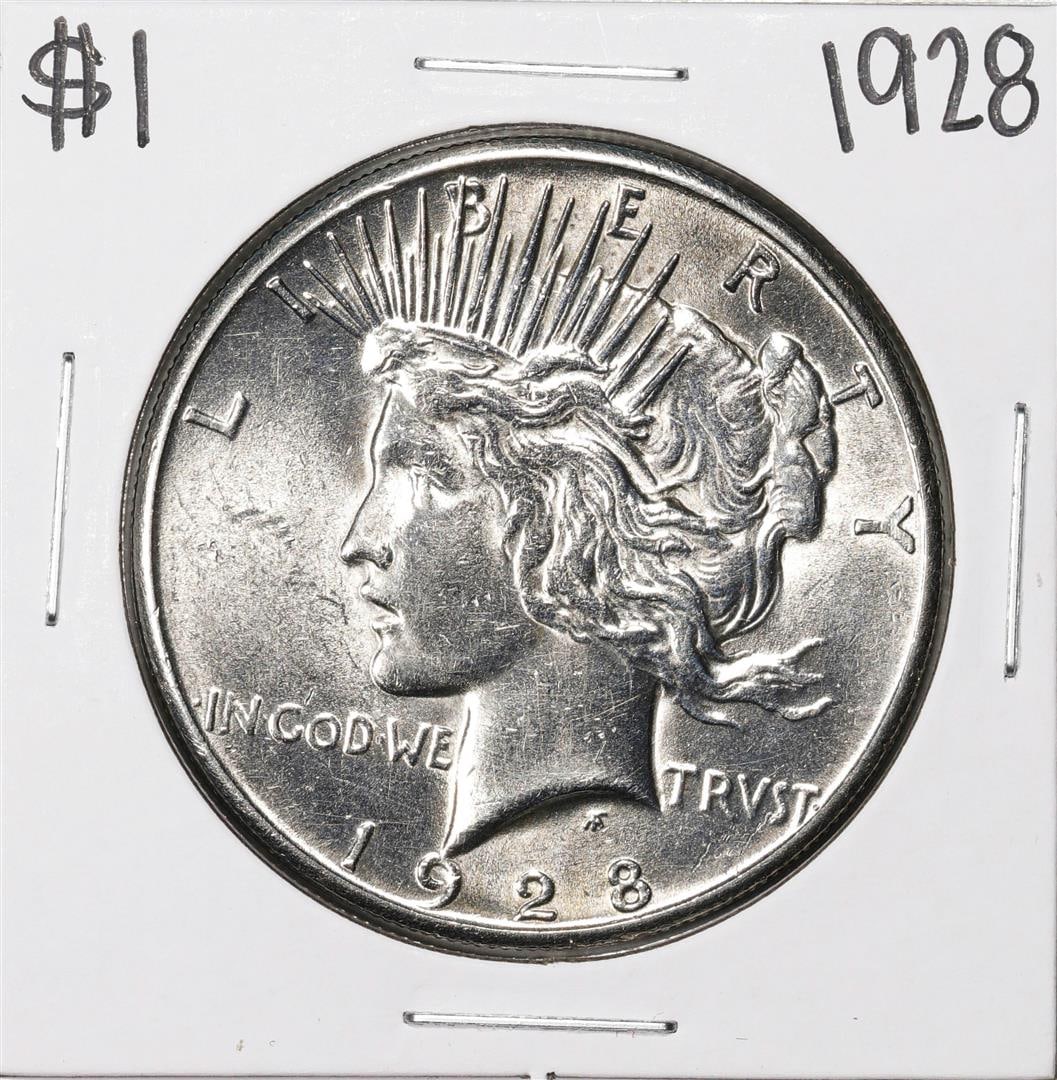 88) 1928 $1 Peace Silver Dollar Coin: One 1928 $1 Peace Silver Dollar Coin.
