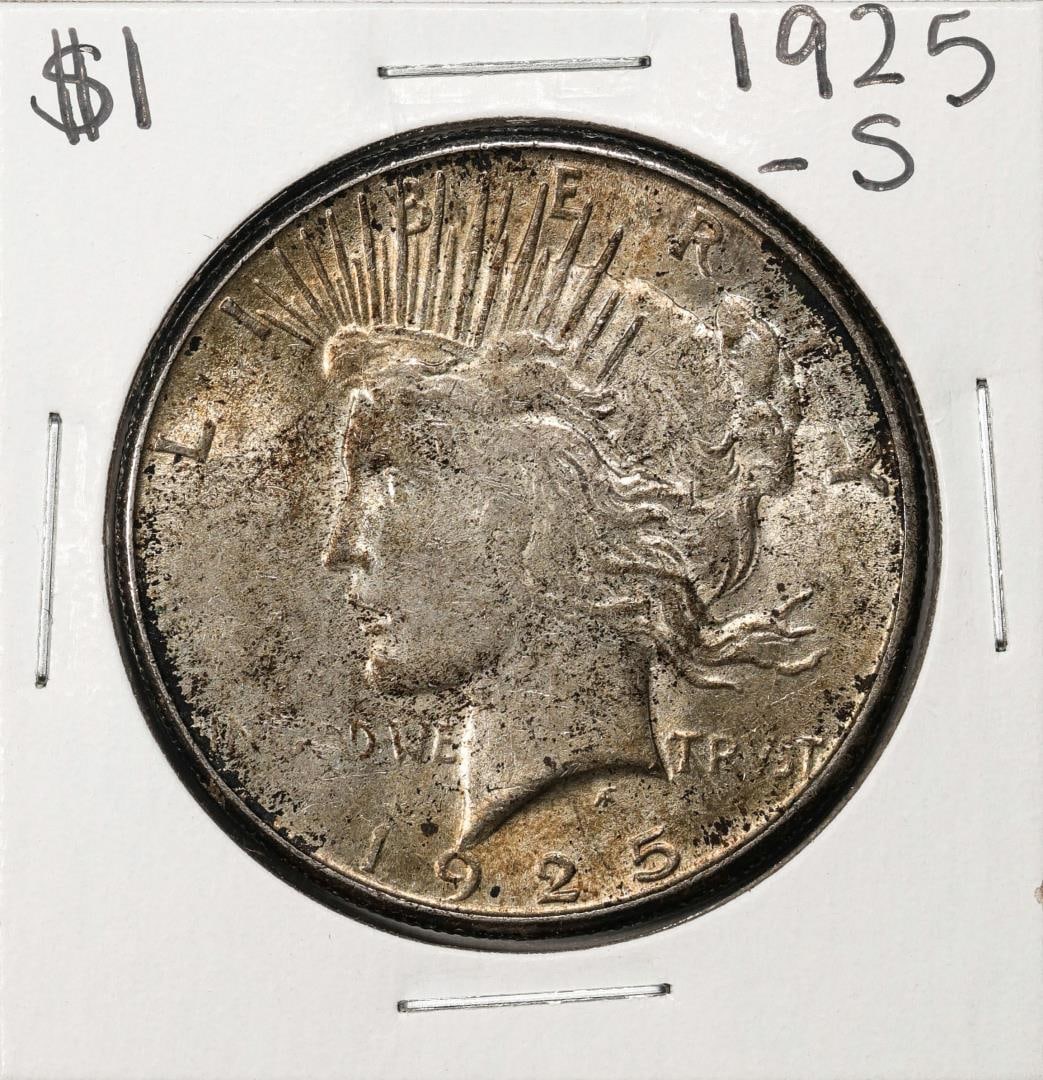172) 1925-S $1 Peace Silver Dollar Coin: One 1925-S $1 Peace Silver Dollar Coin.