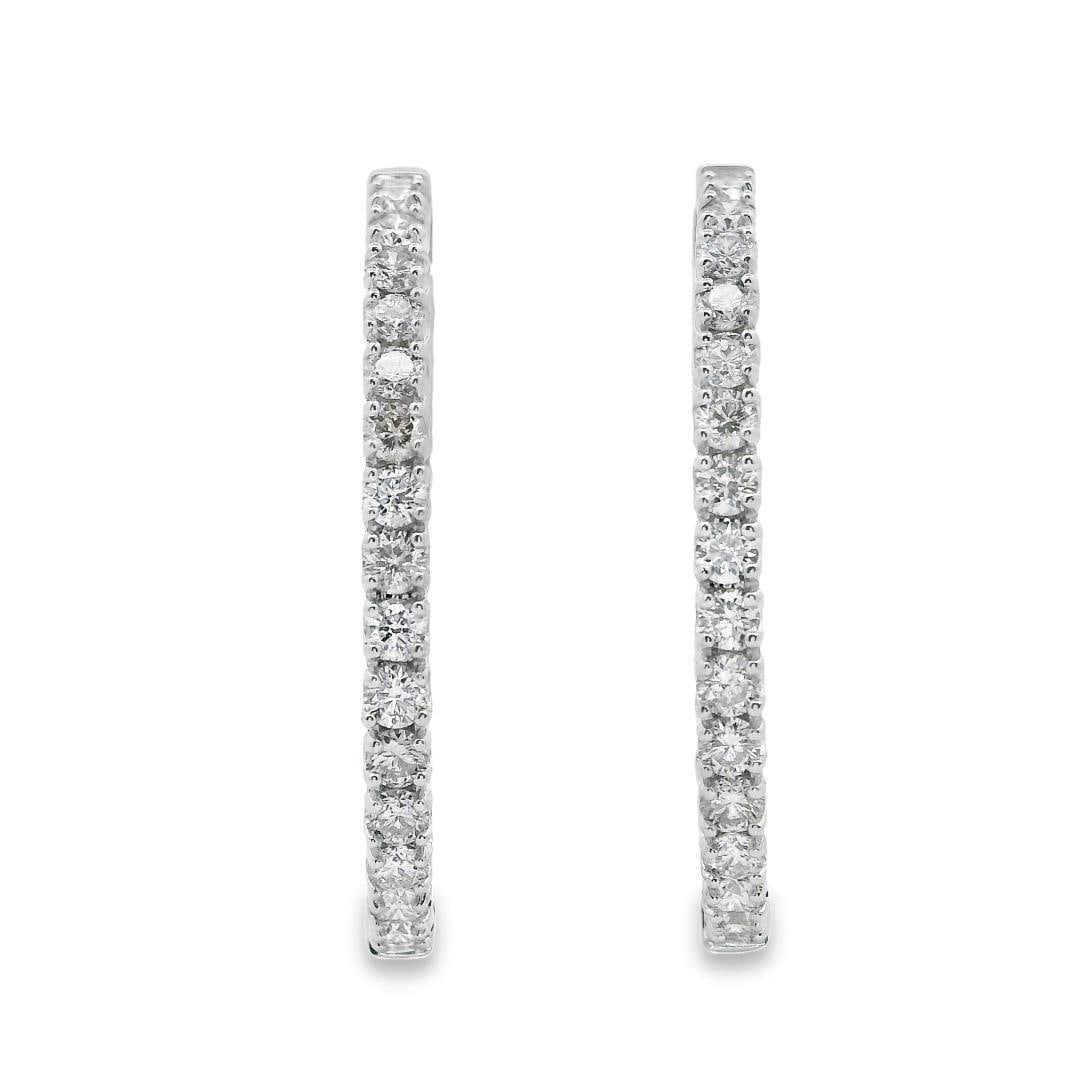 242) 14KT White Gold 2.10 ctw Diamond Hoop Earrings: One electronically tested 14KT white gold lady's combination cast & assembled fashion inside-out hoop earrings with hinged, snap locking posts with a bright polish finish. Condition is new, good workm