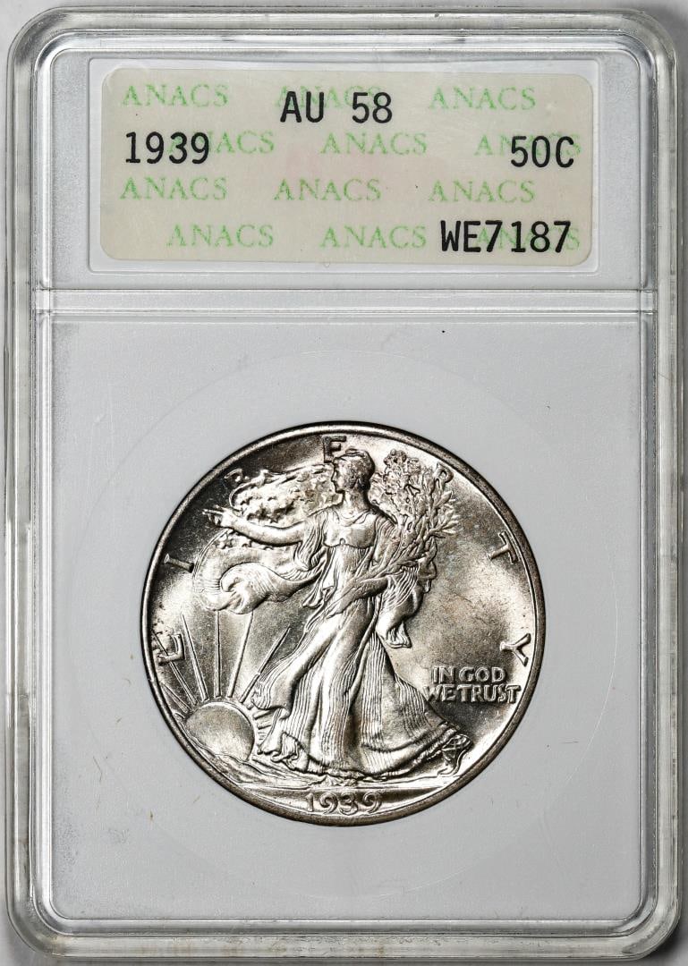 1939 Walking Liberty Half Dollar Coin ANACS AU58 Old Soapbox Holder: One 1939 Walking Liberty Half Dollar Coin ANACS AU58 Old Soapbox Holder. ANACS Certified.