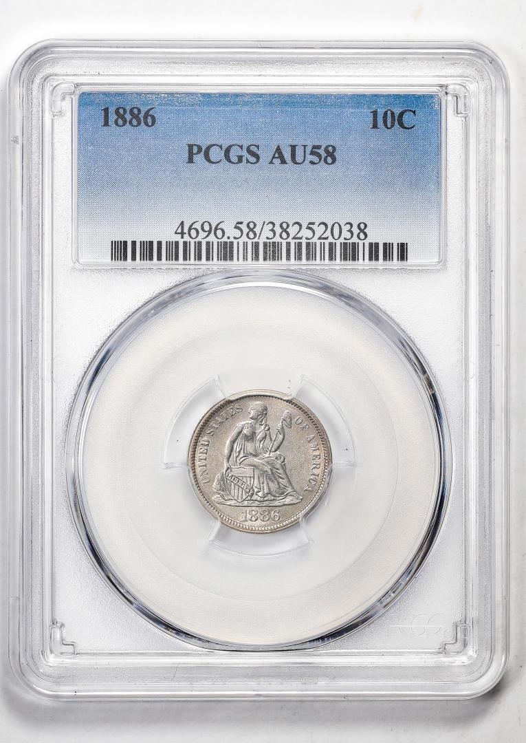 1886 Liberty Seated Dime Coin PCGS AU58: One 1886 Liberty Seated Dime Coin PCGS AU58. PCGS Graded.