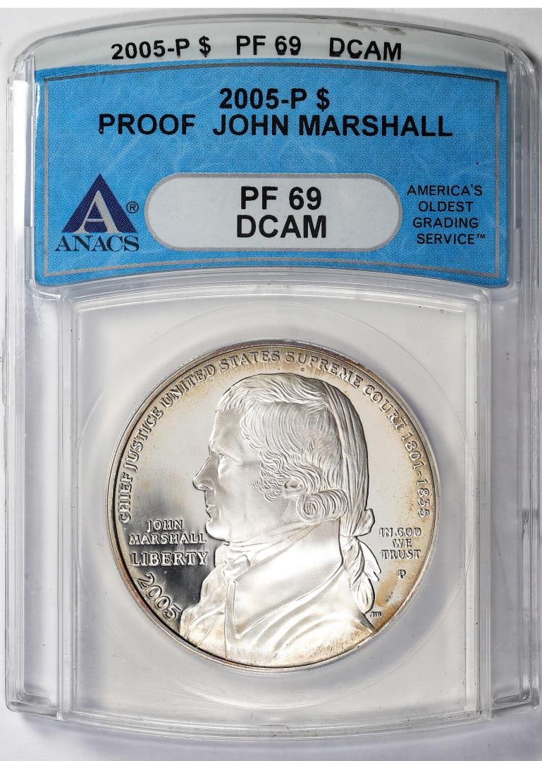 18) 2005-P $1 Proof John Marshall Commemorative Silver Dollar Coin ANACS PF69DCAM: One 2005-P $1 Proof John Marshall Commemorative Silver Dollar Coin ANACS PF69DCAM. ANACS Certified.