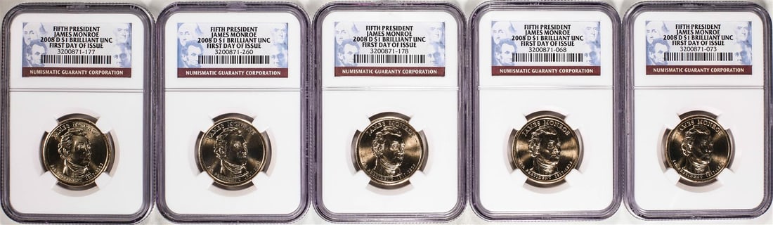 422) Lot of (5) 2008-D $1 James Monroe Presidential Dollar Coins NGC Brilliant Uncirculated: One Lot of (5) 2008-D $1 James Monroe Presidential Dollar Coins NGC Brilliant Uncirculated. NGC Certified.