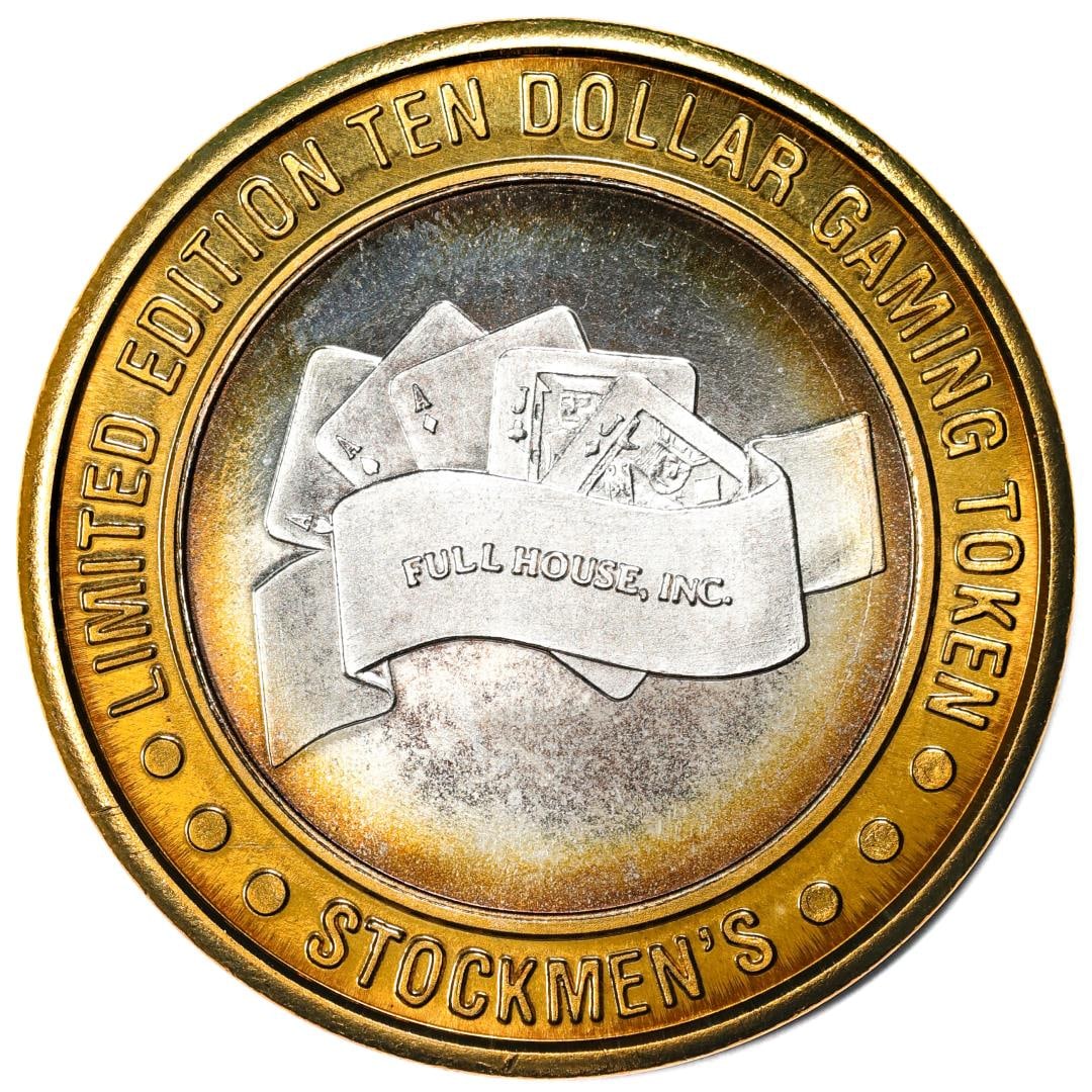 482) .999 Fine Silver Stockmen's Elko, Nevada $10 Limited Edition Gaming Token: One .999 Fine Silver Stockmen's Elko, Nevada $10 Limited Edition Gaming Token.