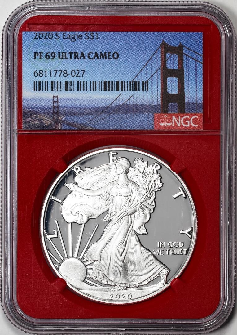 87) 2020-S $1 Proof American Silver Eagle Coin NGC PF69 Ultra Cameo Red Core: One 2020-S $1 Proof American Silver Eagle Coin NGC PF69 Ultra Cameo Red Core. NGC Certified.