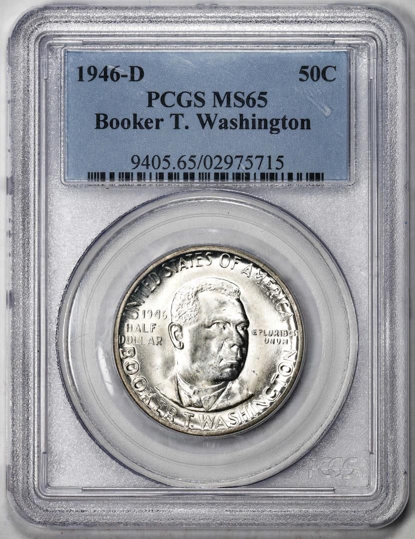 132) 1946-D Booker T Washington Commemorative Half Dollar Coin PCGS MS65: One 1946-D Booker T Washington Commemorative Half Dollar Coin PCGS MS65. PCGS Graded.