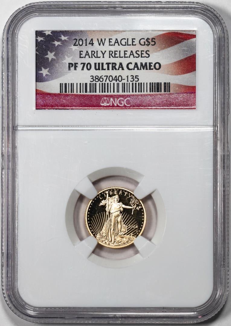 172) 2014-W $5 Proof American Gold Eagle Coin NGC PF70 Ultra Cameo Early Releases: One 2014-W $5 Proof American Gold Eagle Coin NGC PF70 Ultra Cameo Early Releases. NGC Certified.