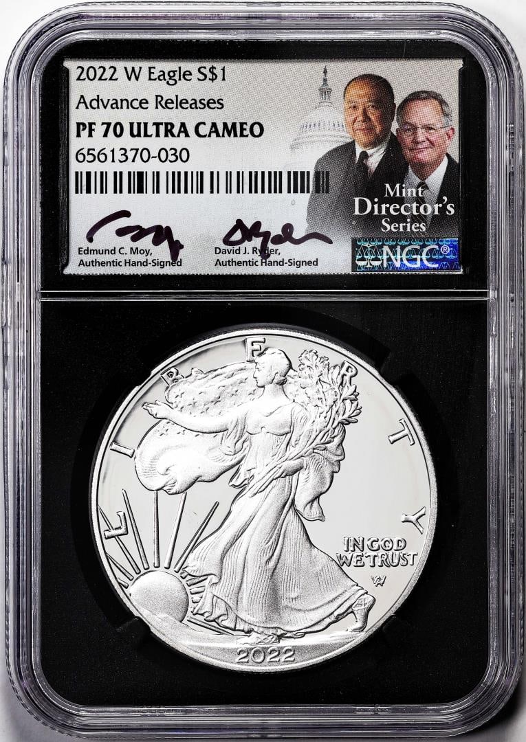 175) 2022-W $1 Proof American Silver Eagle Coin NGC PF70 Ultra Cameo Moy & Ryder Signed: One 2022-W $1 Proof American Silver Eagle Coin NGC PF70 Ultra Cameo Moy & Ryder Signed. NGC Certified.