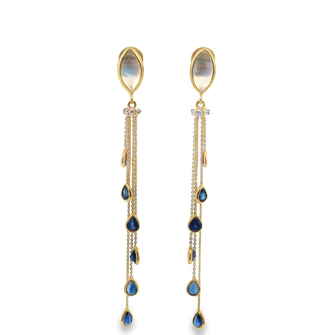 253) 18KT Yellow Gold 4.29 ctw Moonstone, Sapphire, and Diamond Dangle Earrings: One pair electronically tested 18KT yellow gold lady's combination cast & assembled fashion station dangle earrings with heavy friction backs with a bright polish finish. Condition is new, good workma