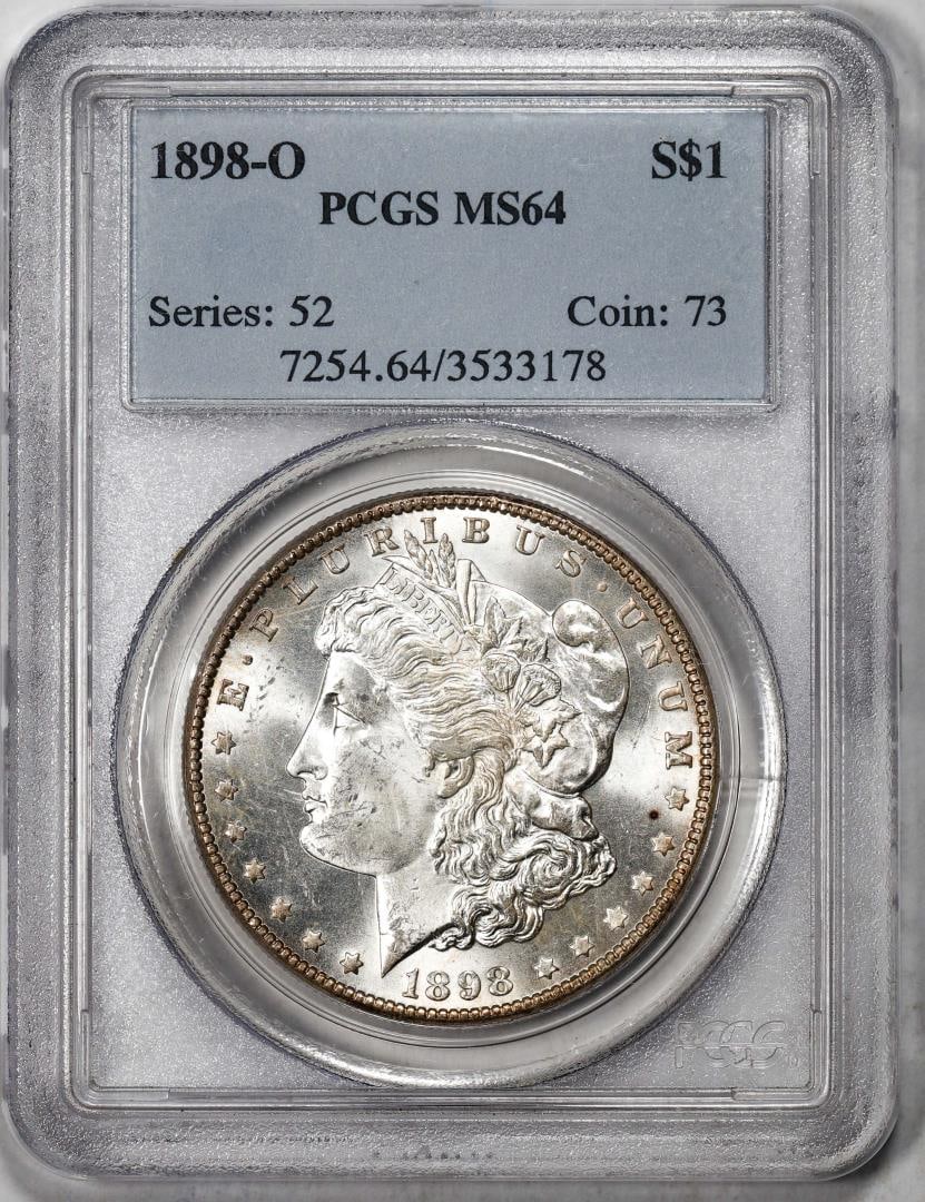 289) 1898-O $1 Morgan Silver Dollar Coin PCGS MS64: One 1898-O $1 Morgan Silver Dollar Coin PCGS MS64. PCGS Graded.