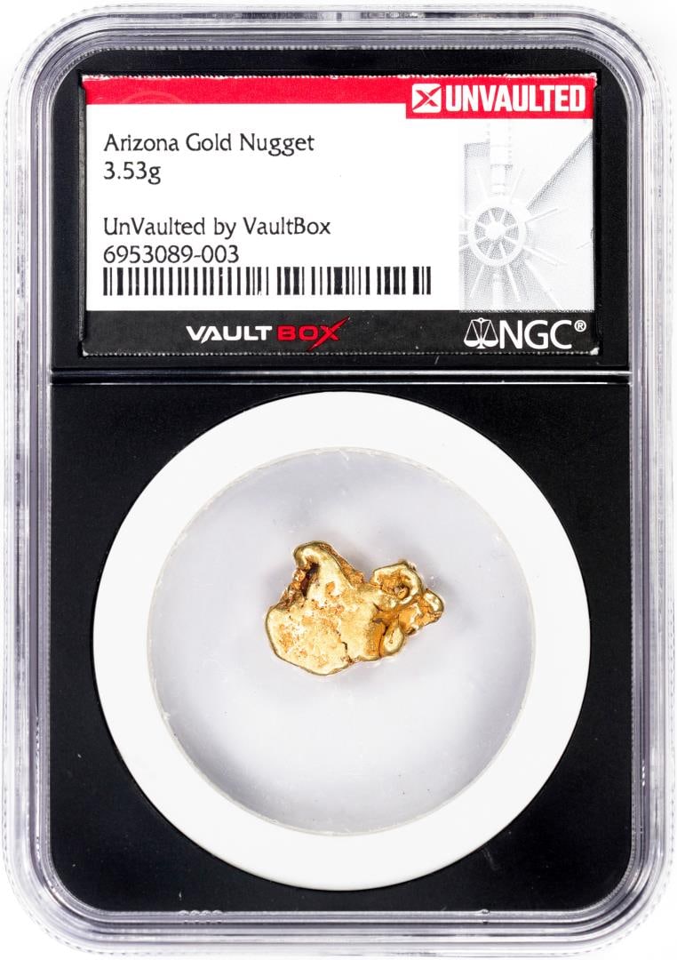 314) 3.53 Gram Arizona Gold Nugget NGC Vaultbox Unvaulted: One 3.53 Gram Arizona Gold Nugget NGC Vaultbox Unvaulted. NGC Certified.