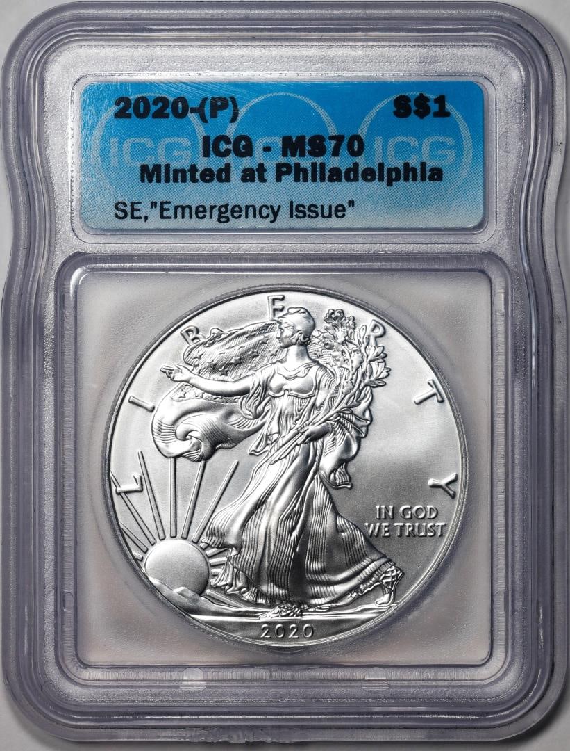 528) 2020-(P) $1 American Silver Eagle Coin ICG MS70 Emergency Issue Philadelphia Mint: One 2020-(P) $1 American Silver Eagle Coin ICG MS70 Emergency Issue Philadelphia Mint. ICG Certified.