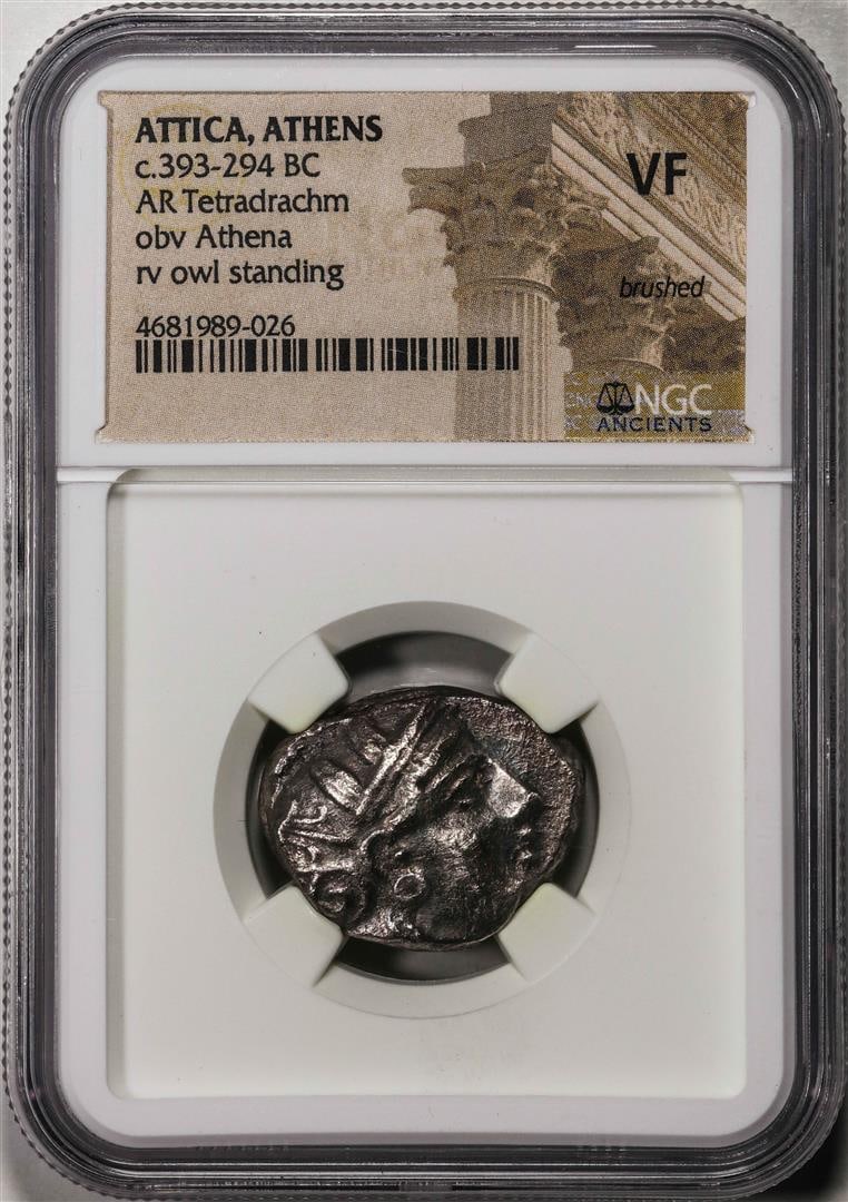 27) c.393-294 BC Attica Athens AR Tetradrachm Athena Owl Ancient Coin NGC VF: One c.393-294 BC Attica Athens AR Tetradrachm Athena Owl Ancient Coin NGC VF. NGC Certified.