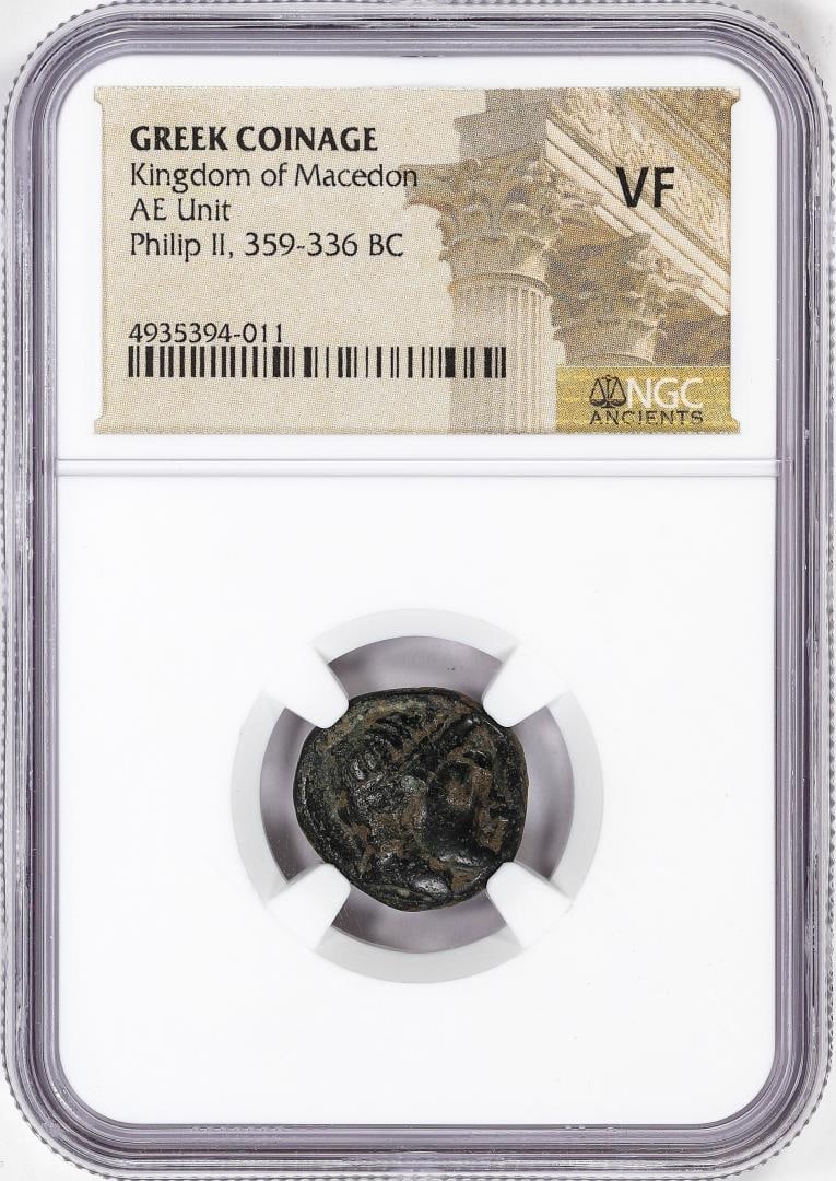 42) Kingdom of Macedon 359-336 BC Philip II AE Unit Ancient Coin NGC VF: One Kingdom of Macedon 359-336 BC Philip II AE Unit Ancient Coin NGC VF. NGC Certified.