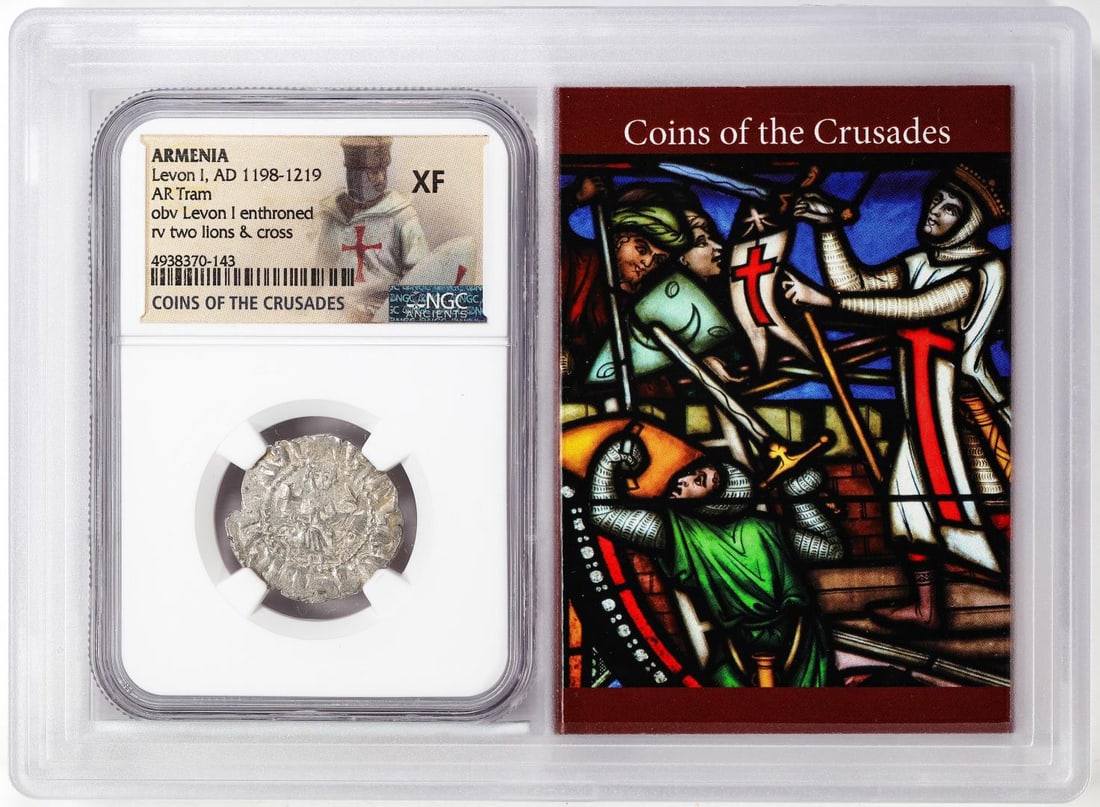 59) Armenia 1198-1219 AD Levon I AR Tram Crusades Ancient Coin NGC XF Story Box: One Armenia 1198-1219 AD Levon I AR Tram Crusades Ancient Coin NGC XF Story Box. NGC Certified.