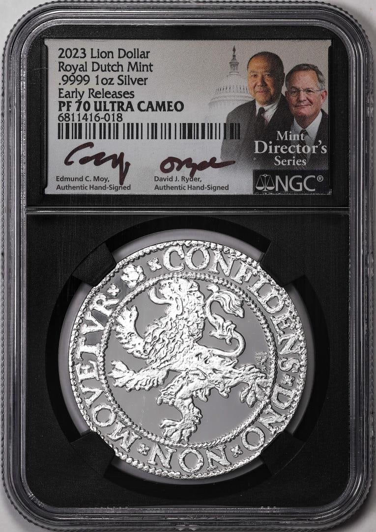 361) 2023 Netherlands Proof Lion Dollar Silver Coin NGC PF70 Ultra Cameo Moy Signature: One 2023 Netherlands Proof Lion Dollar Silver Coin NGC PF70 Ultra Cameo Moy Signature. NGC Certified.