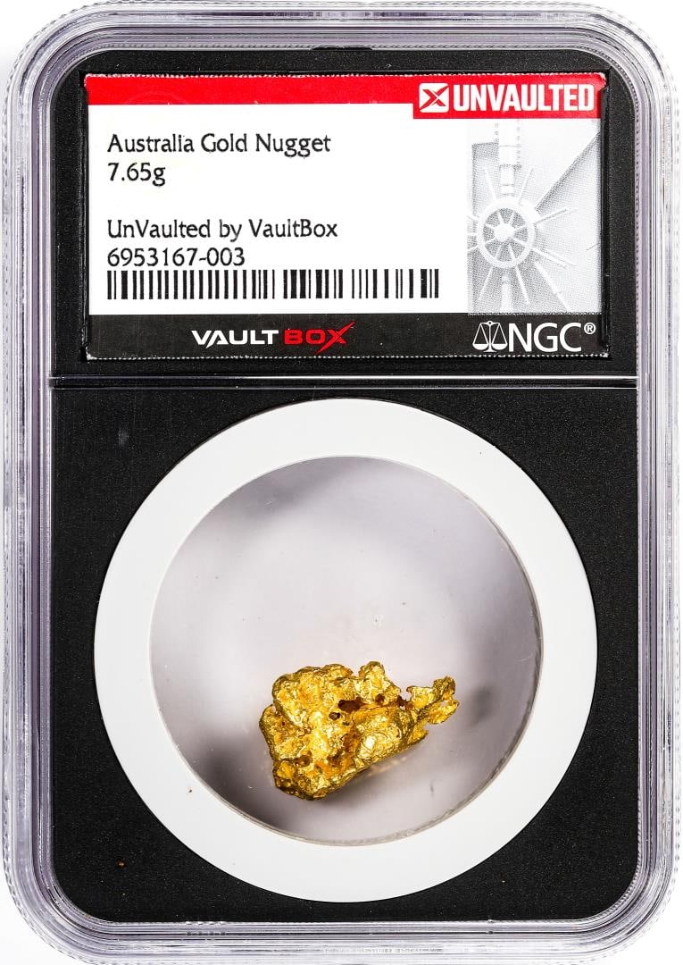 13) 7.65 Gram Australia Gold Nugget NGC Vaultbox Unvaulted: One 7.65 Gram Australia Gold Nugget NGC Vaultbox Unvaulted. NGC Certified.