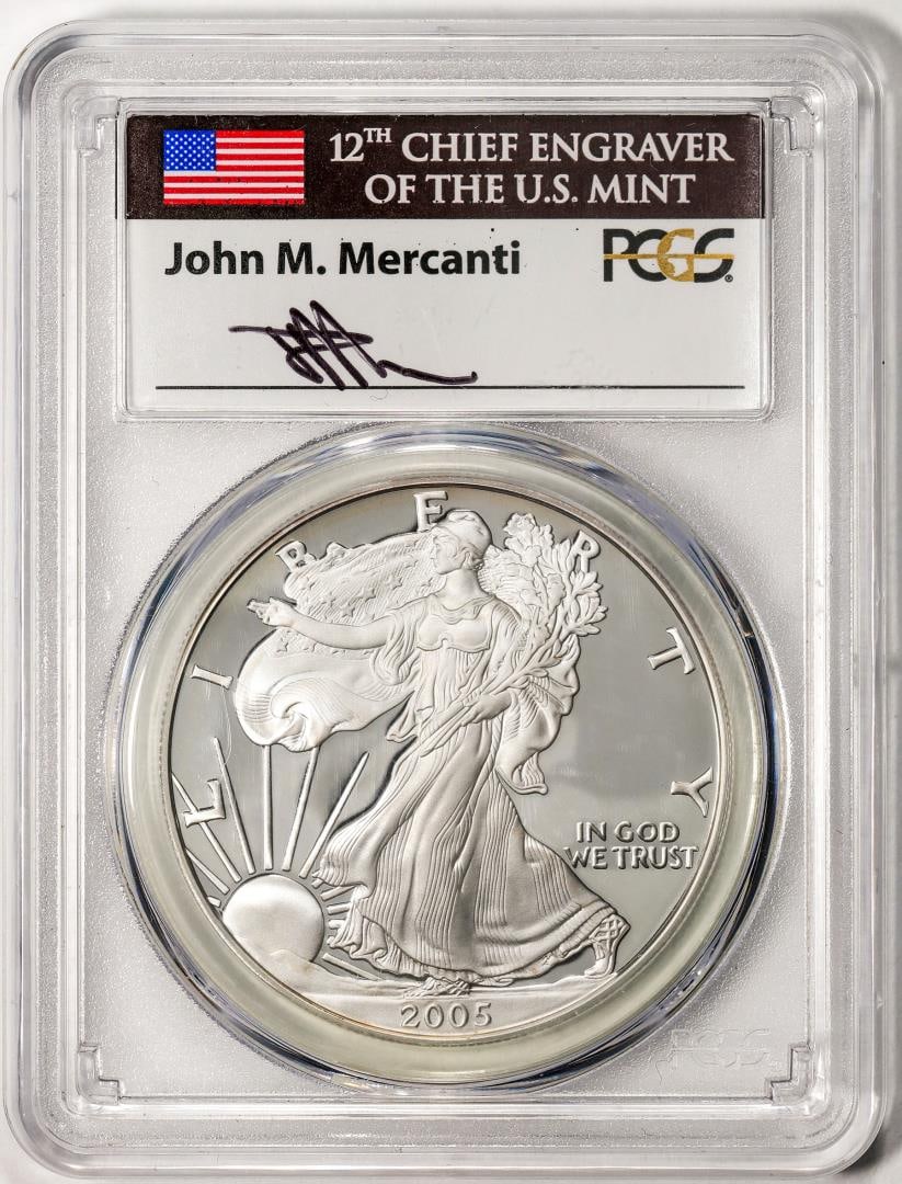 169) 2005-W $1 Proof American Silver Eagle Coin PCGS PR70DCAM Mercanti Signature: One 2005-W $1 Proof American Silver Eagle Coin PCGS PR70DCAM Mercanti Signature. PCGS Graded.