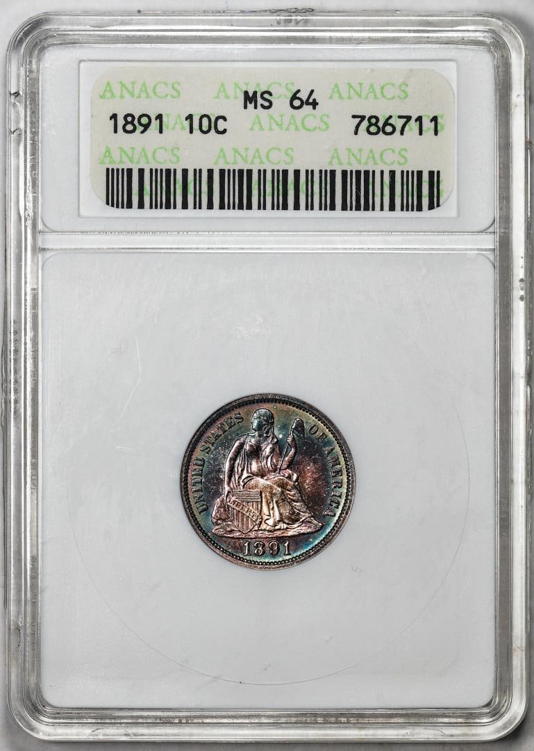 295) 1891 Seated Liberty Dime Coin ANACS MS64 Amazing Toning Old Soap Box Holder: One 1891 Seated Liberty Dime Coin ANACS MS64 Amazing Toning Old Soap Box Holder. ANACS Certified.