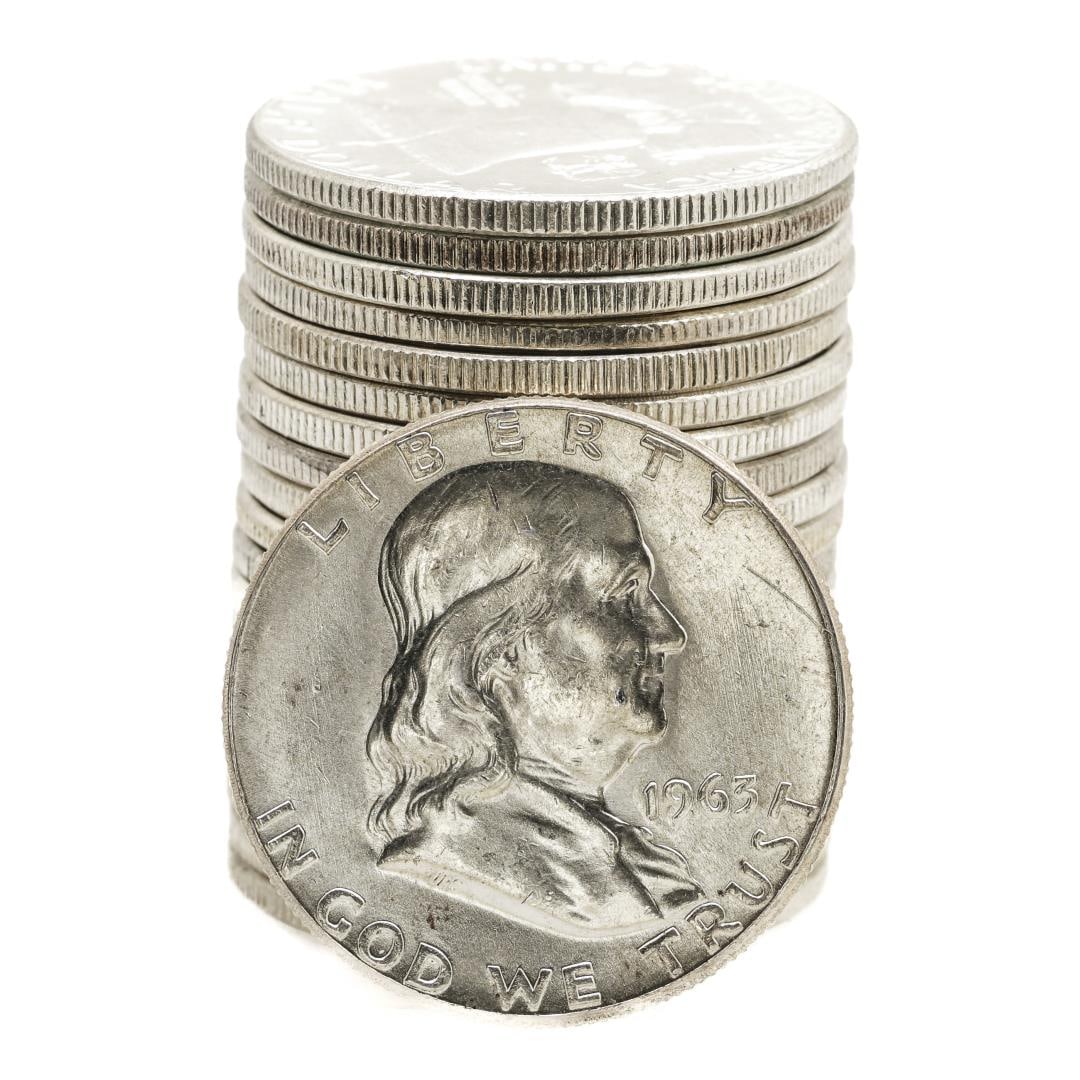298) Roll of (20) Brilliant Uncirculated 1963 Franklin Half Dollar Coins: One Roll of (20) Brilliant Uncirculated 1963 Franklin Half Dollar Coins.