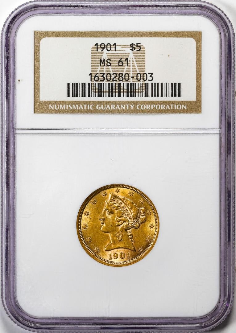 370) 1901 $5 Liberty Head Half Eagle Gold Coin NGC MS61: One 1901 $5 Liberty Head Half Eagle Gold Coin NGC MS61. NGC Certified.