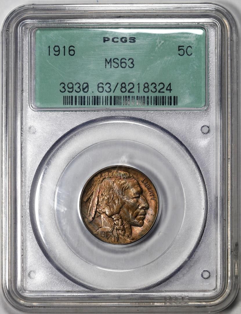 443) 1916 Buffalo Nickel Coin PCGS MS63 Old Green Holder Amazing Toning: One 1916 Buffalo Nickel Coin PCGS MS63 Old Green Holder Amazing Toning. PCGS Graded.