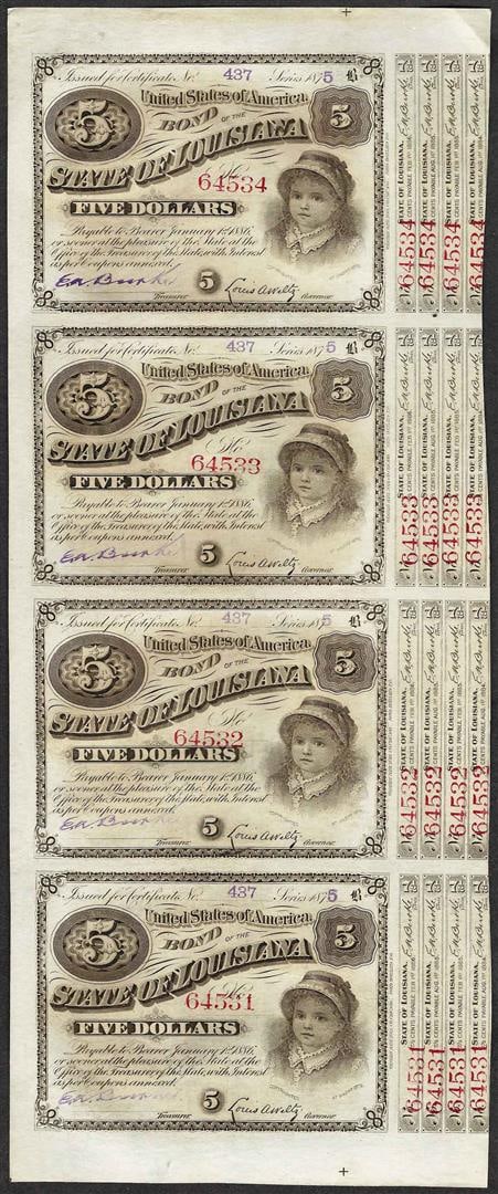 236) Uncut Sheet of (4) State of Louisiana Baby Bond Obsolete Notes: One Uncut Sheet of (4) State of Louisiana Baby Bond Obsolete Notes.