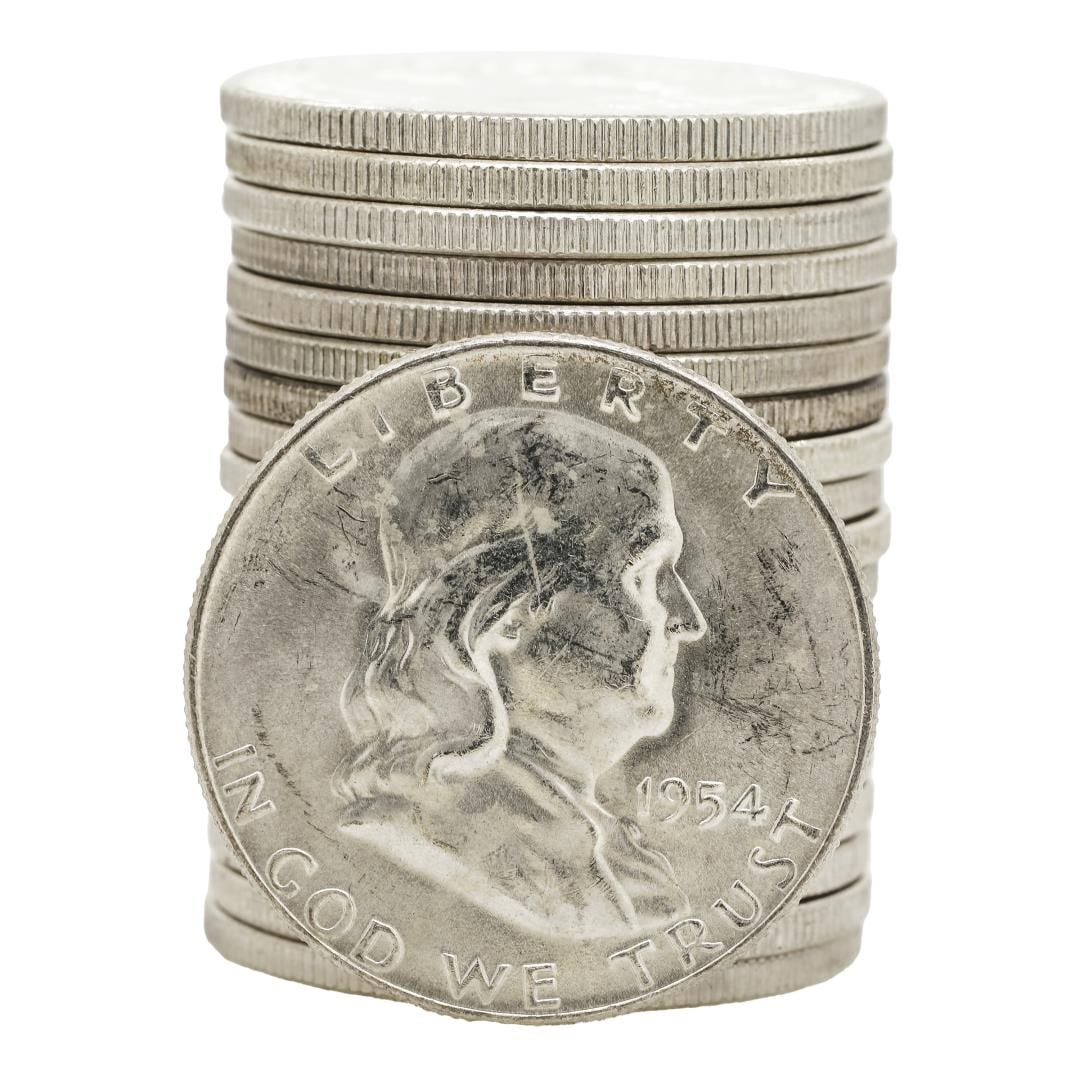 485) Roll of (20) 1954-D Brilliant Uncirculated Franklin Half Dollar Coins: One Roll of (20) 1954-D Brilliant Uncirculated Franklin Half Dollar Coins.