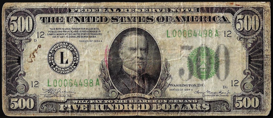 36) 1934A $500 Federal Reserve Note San Francisco: One 1934A $500 Federal Reserve Note San Francisco.