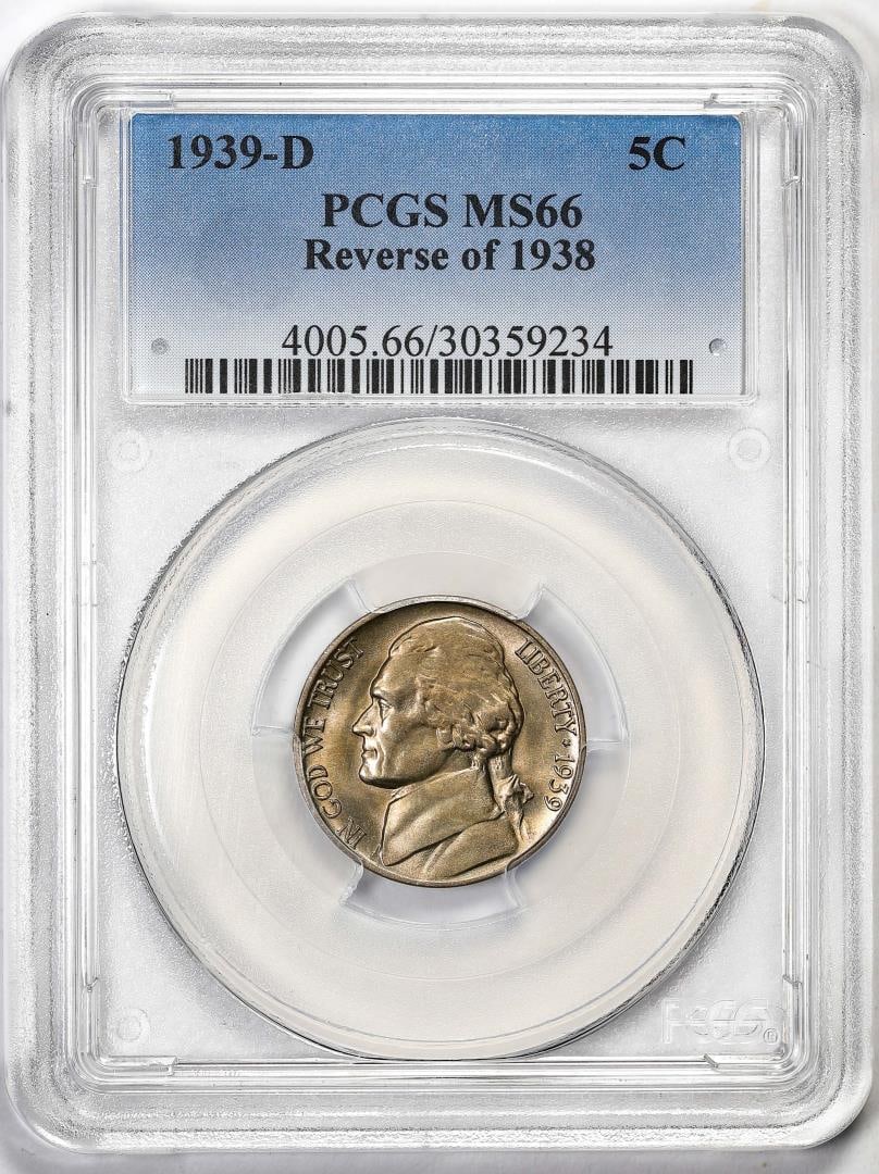 98) 1939-D Reverse of 1938 Jefferson Nickel Cent Coin PCGS MS66: One 1939-D Reverse of 1938 Jefferson Nickel Cent Coin PCGS MS66. PCGS Graded.