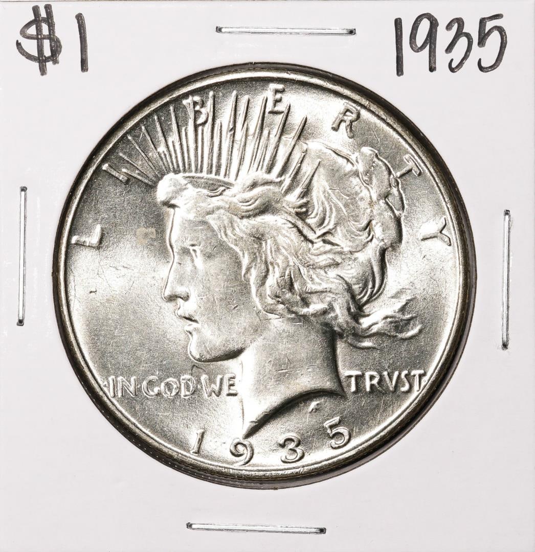 123) 1935 $1 Peace Silver Dollar Coin: One 1935 $1 Peace Silver Dollar Coin.