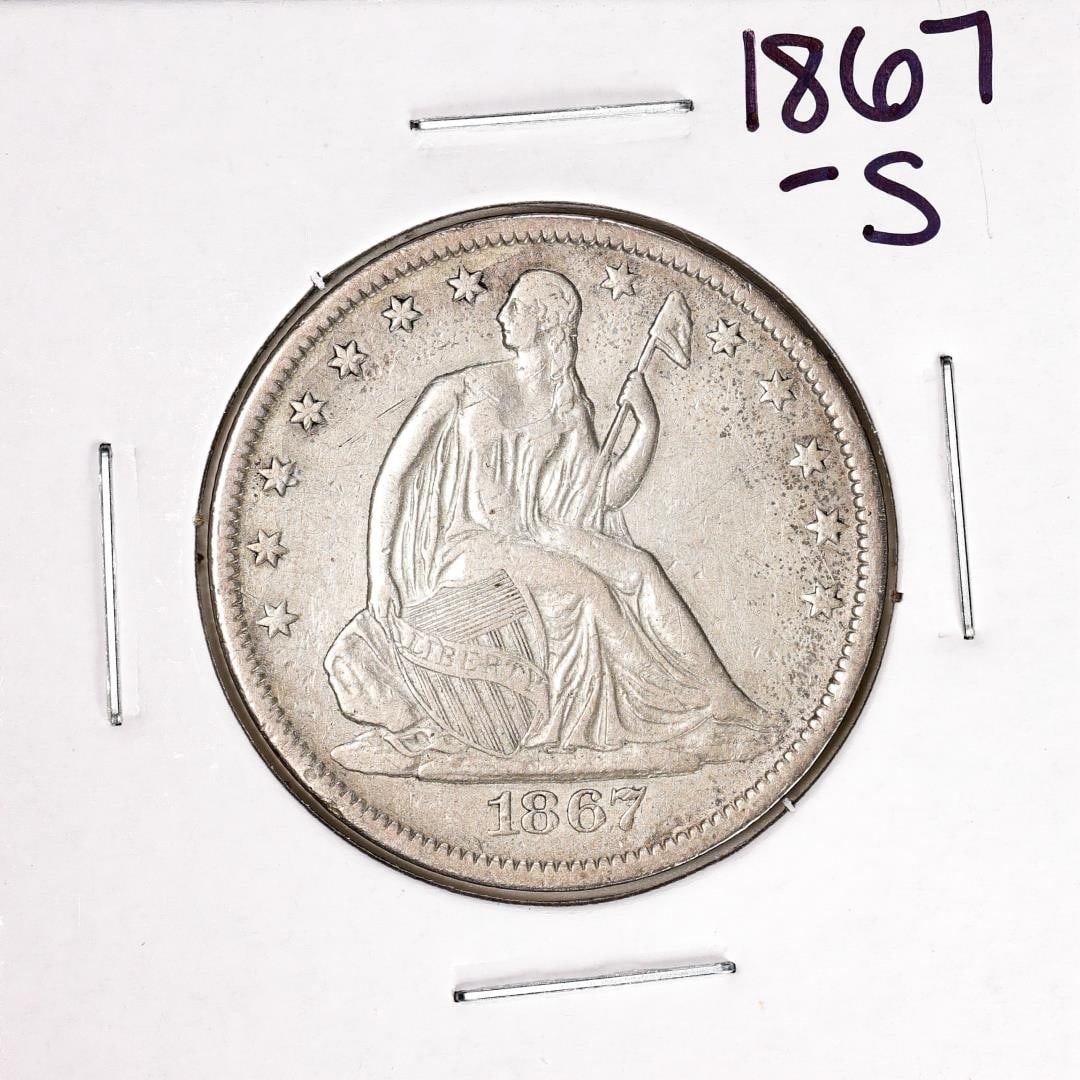 256) 1867-S Seated Liberty Half Dollar Coin: One 1867-S Seated Liberty Half Dollar Coin.