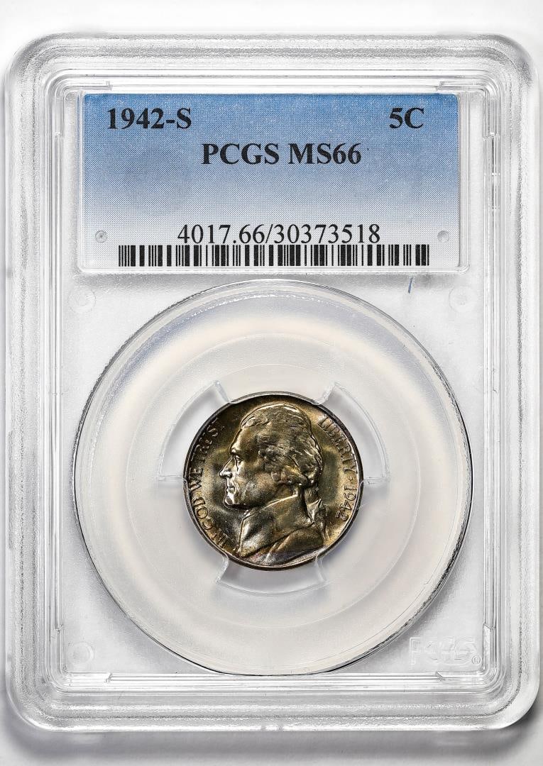 273) 1942-S Jefferson Nickel Cent Coin PCGS MS66 Nice Toning: One 1942-S Jefferson Nickel Cent Coin PCGS MS66 Nice Toning. PCGS Graded.