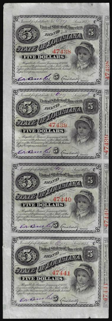 Uncut Sheet of (4) State of Louisiana Baby Bond Obsolete Notes: One Uncut Sheet of (4) State of Louisiana Baby Bond Obsolete Notes.